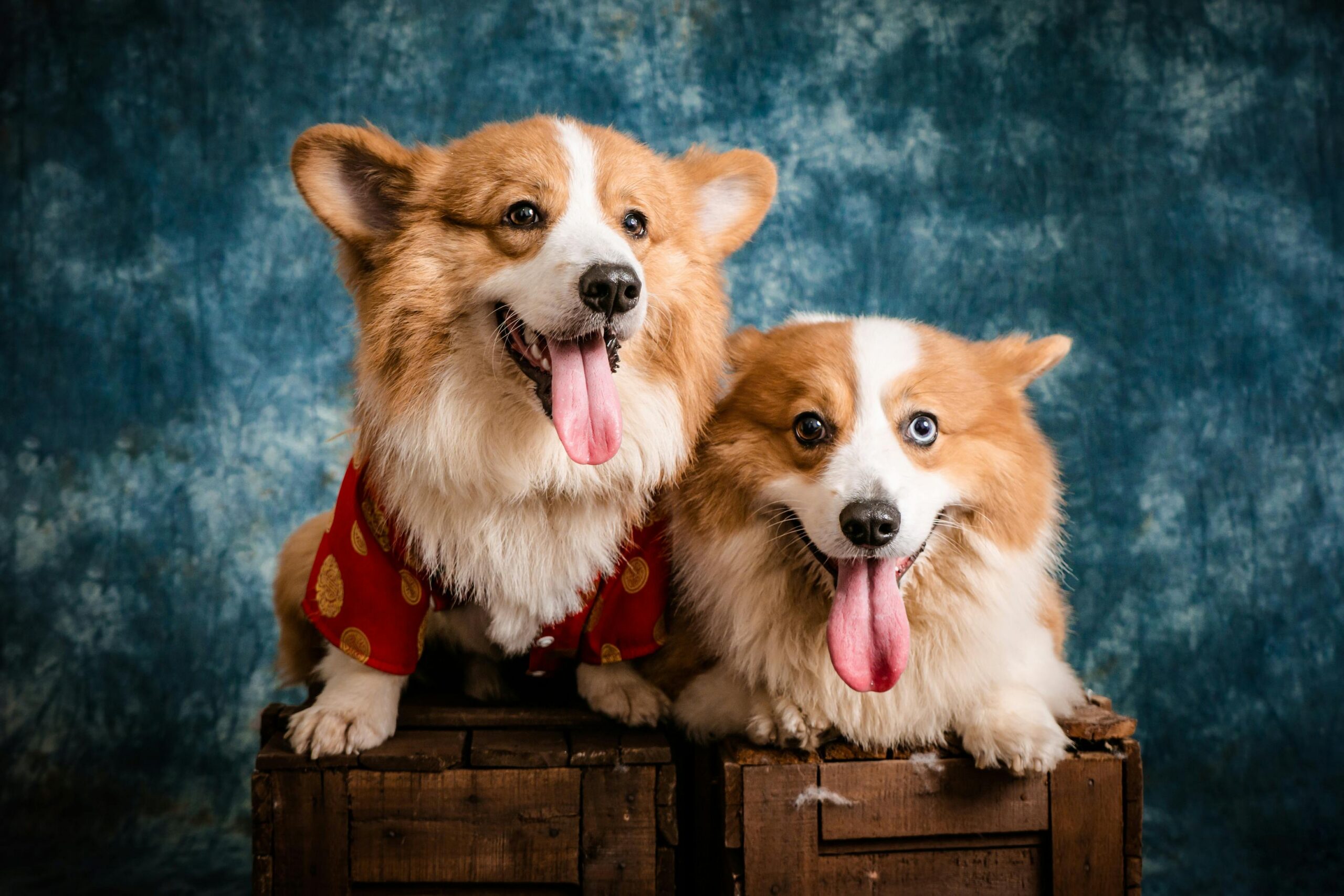Two adorable Pembroke Welsh Corgis posing in a studio setting.
