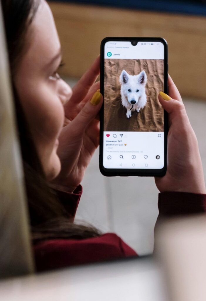 A young woman holding a smartphone displaying a cute puppy on social media.
