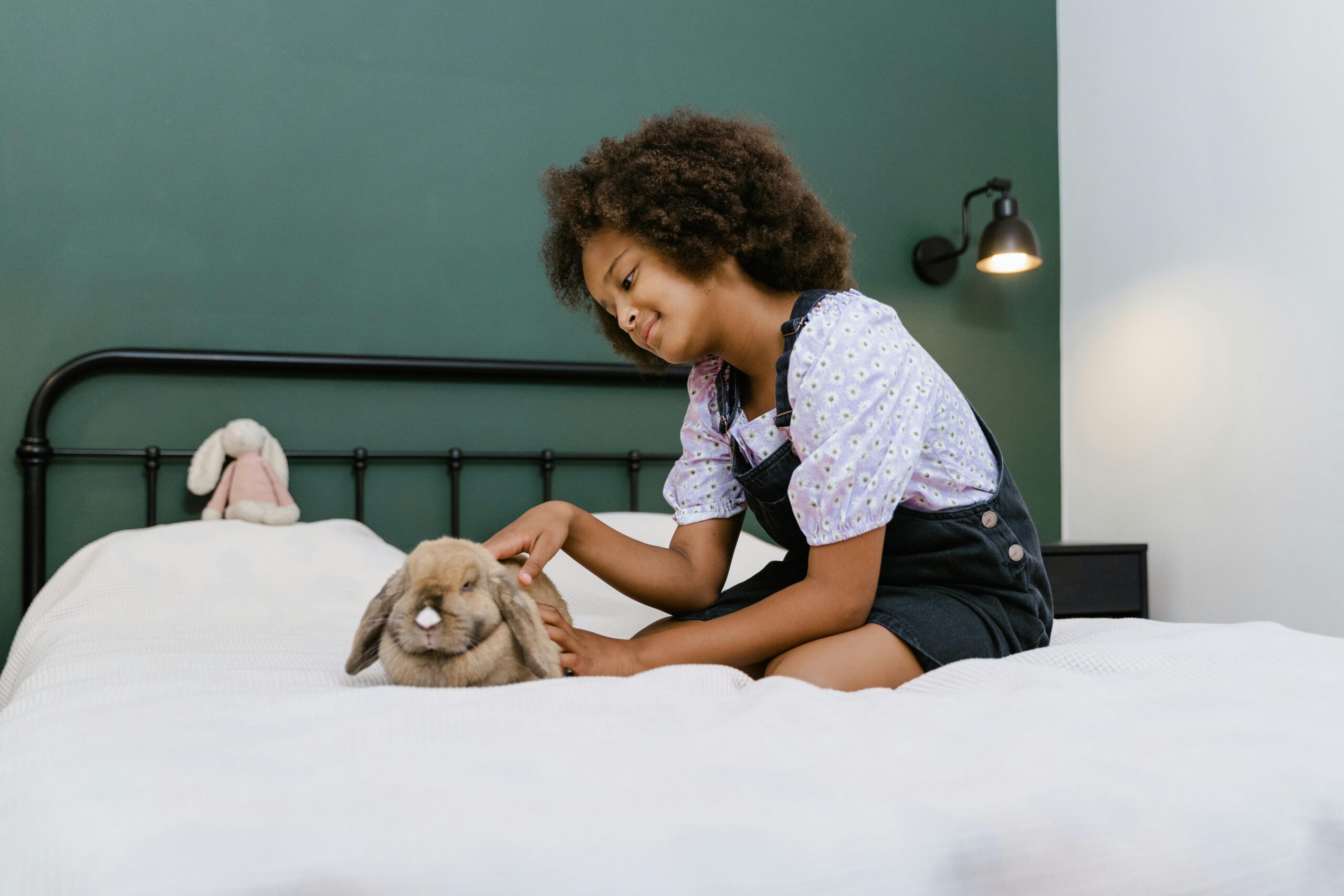 A young girl lovingly strokes her pet rabbit while sitting on a bed in a cozy bedroom.